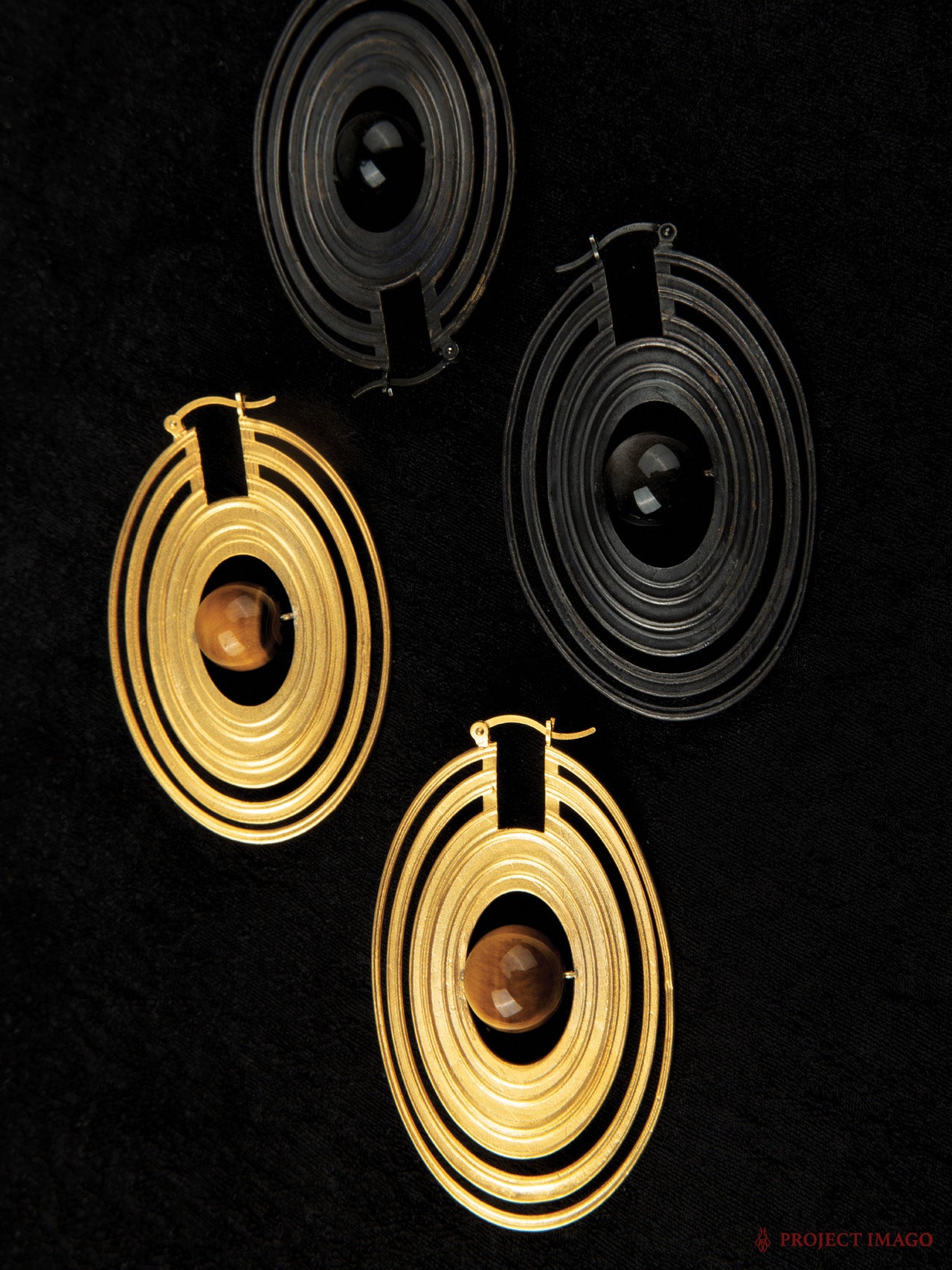 Saturn Earrings in Silver Obsidian or Tiger's Eye