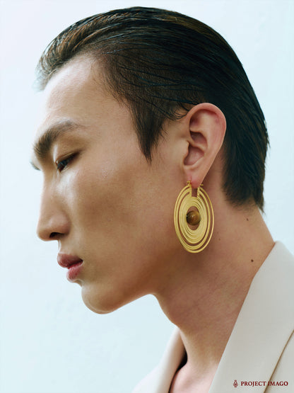 Saturn Earrings in Silver Obsidian or Tiger's Eye