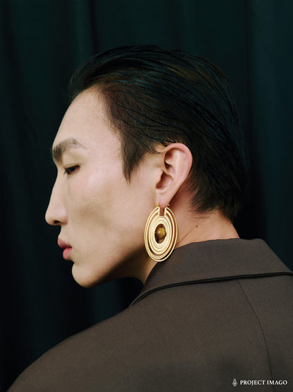 Saturn Earrings in Silver Obsidian or Tiger's Eye