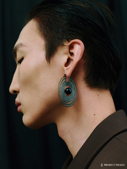 Saturn Earrings in Silver Obsidian or Tiger's Eye