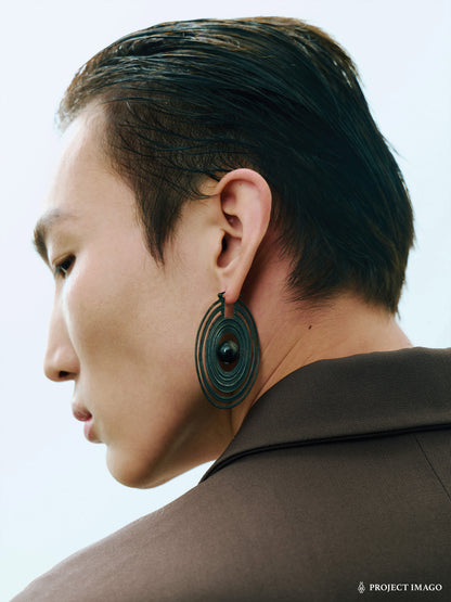 Saturn Earrings in Silver Obsidian or Tiger's Eye